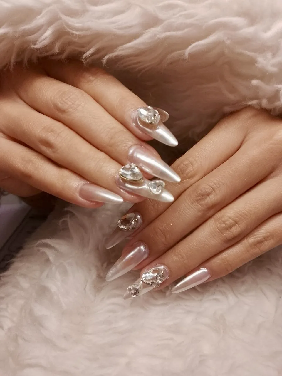 pearl chrome stiletto nails with crystal gem accents, AyuriNails Beauty Lounge Makati